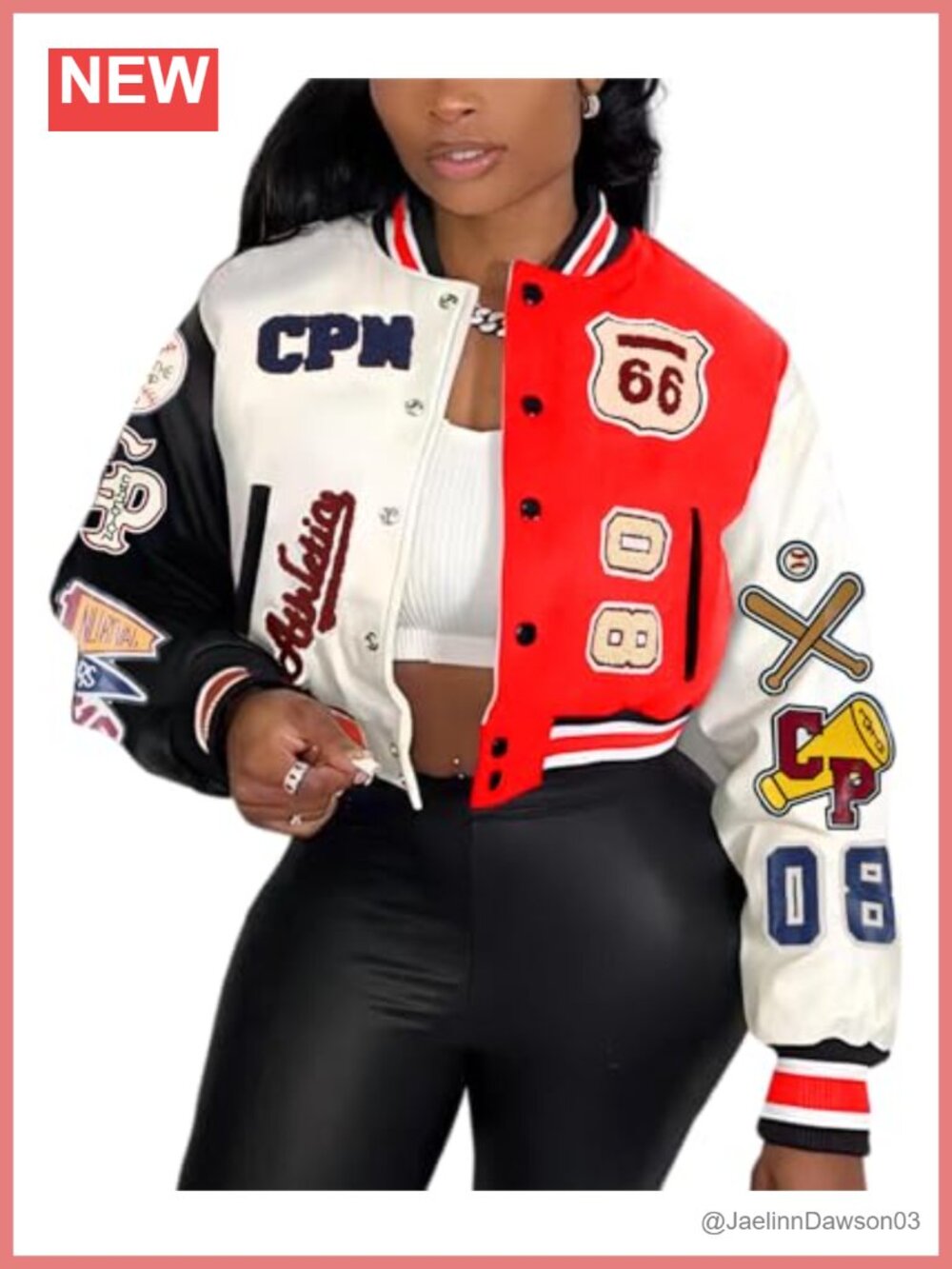 Faux Leather Varsity Bomber Jacket Women Cropped Patches Print Streetwear